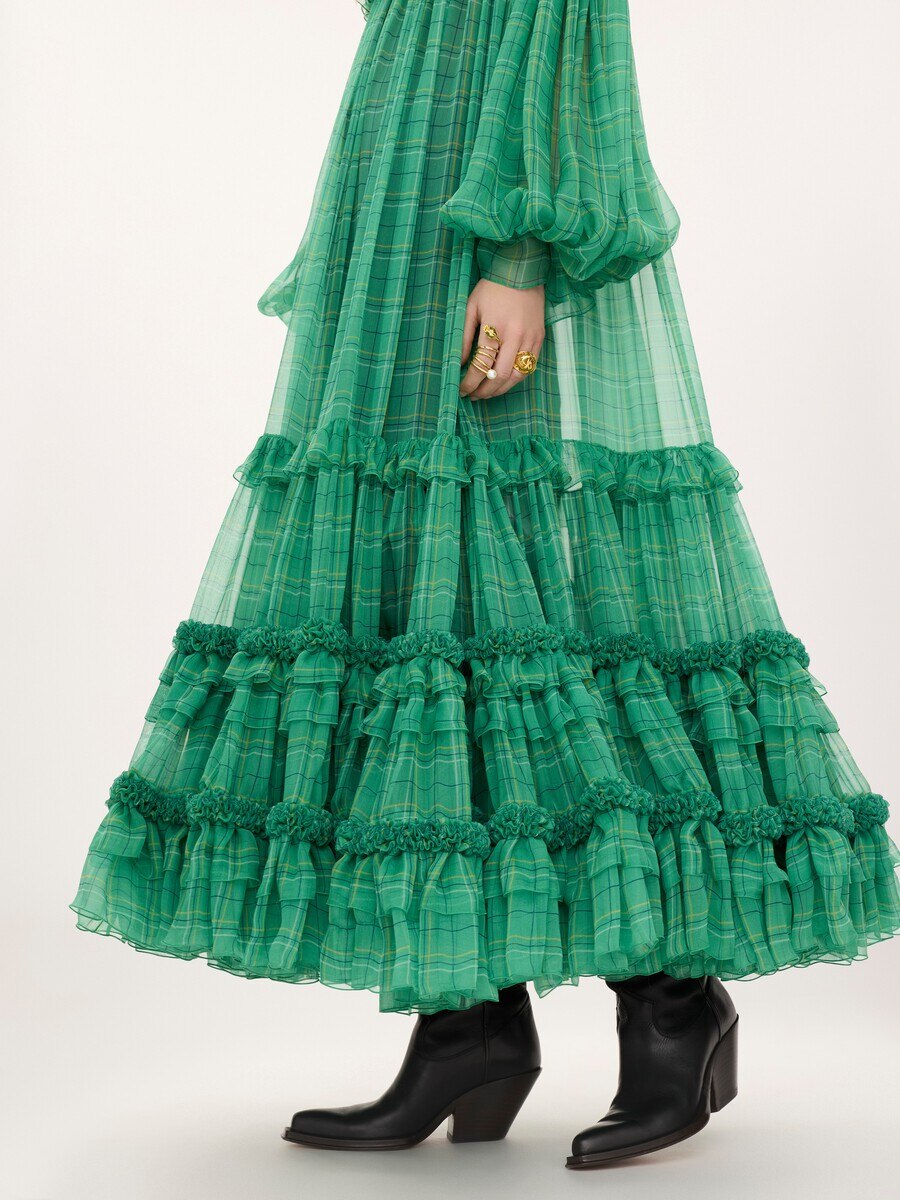 Off-the-shoulder long dress in check silk mousseline - 5