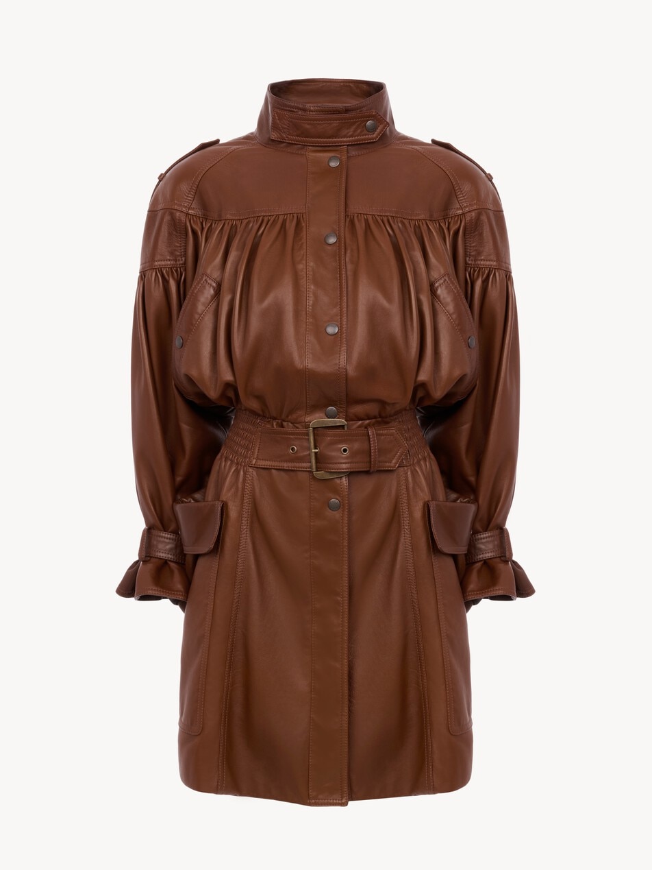 Manteau col montant &agrave; manches bouffantes en cuir - Packshot
