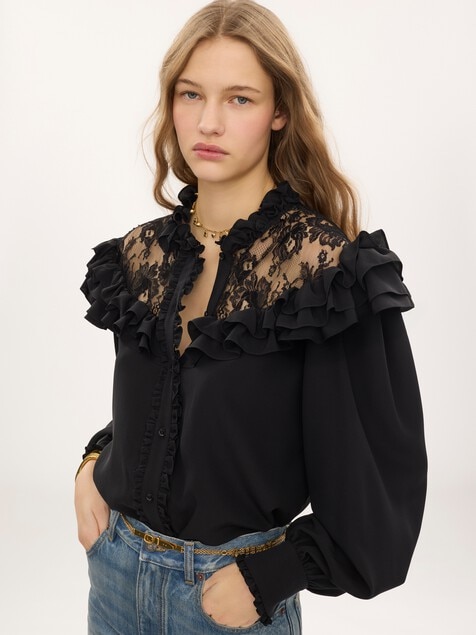 High-neck ruffled blouse in cr&ecirc;pe de chine & lace