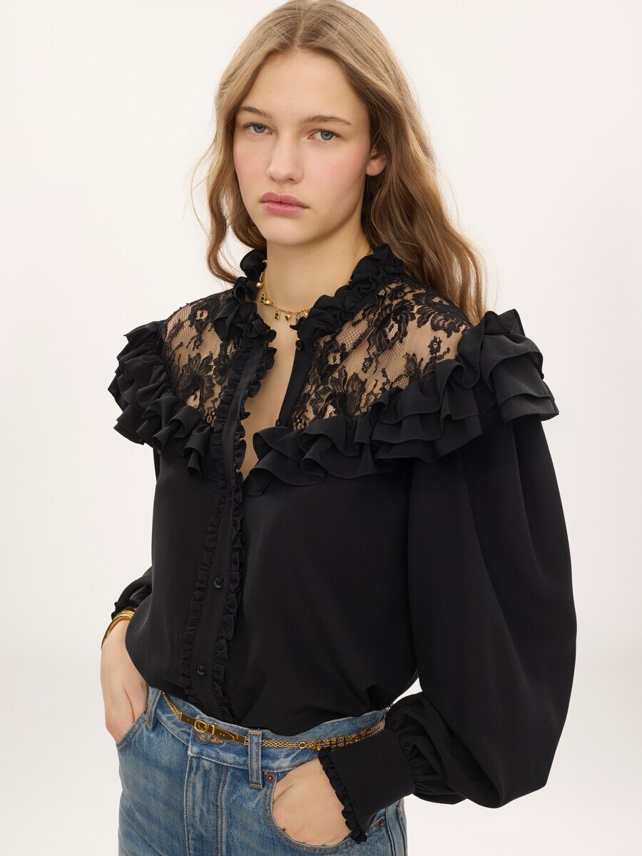 High-neck ruffled blouse in cr&ecirc;pe de chine & lace - 4