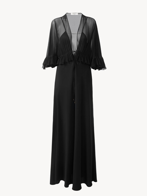 V-neck long dress in cr&ecirc;pe satin