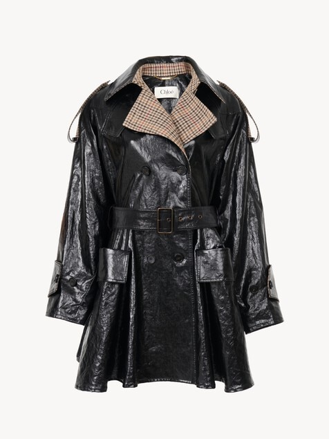 Double-breasted short riding coat in coated linen