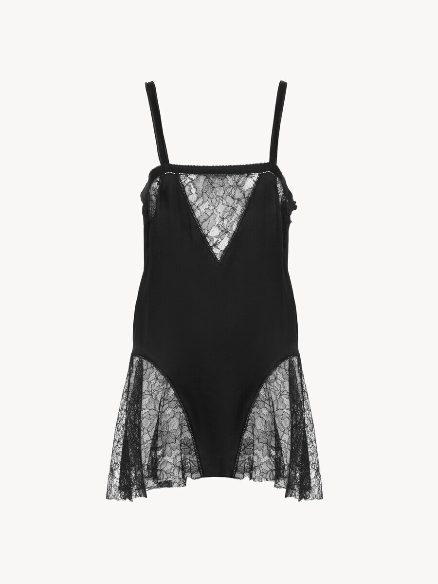 Sleeveless mini dress in silk charmeuse & lace - 1
