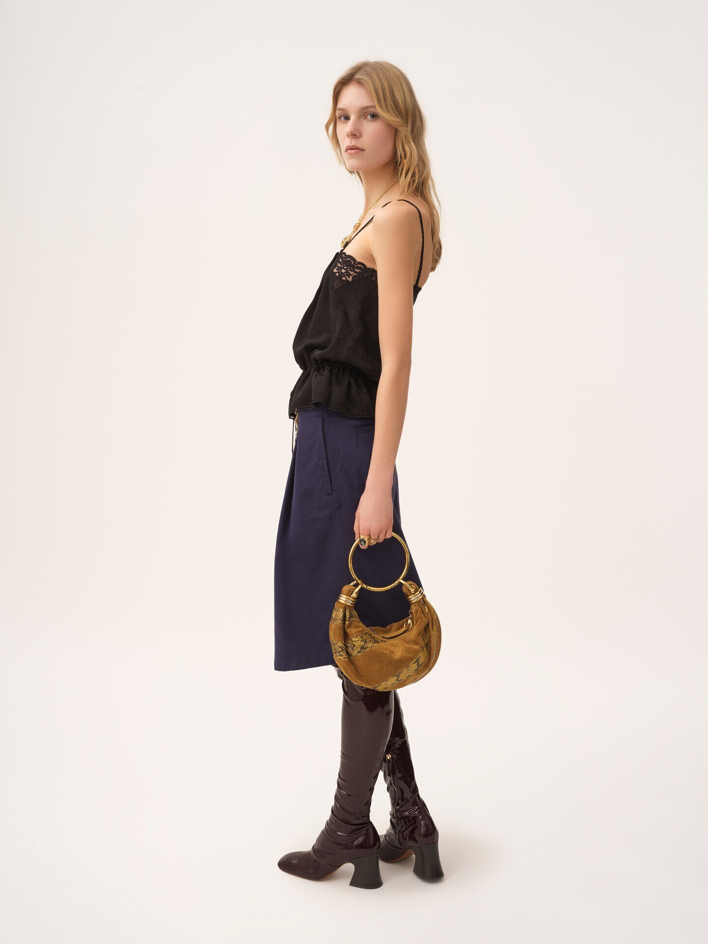 Drawstring camisole top in silk jacquard & lace - 6