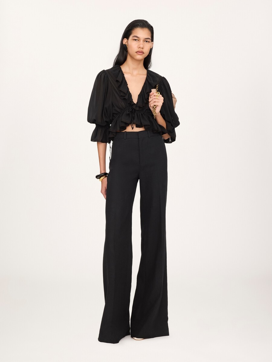 Cropped V-neck ruffle top in silk georgette & lace - 2