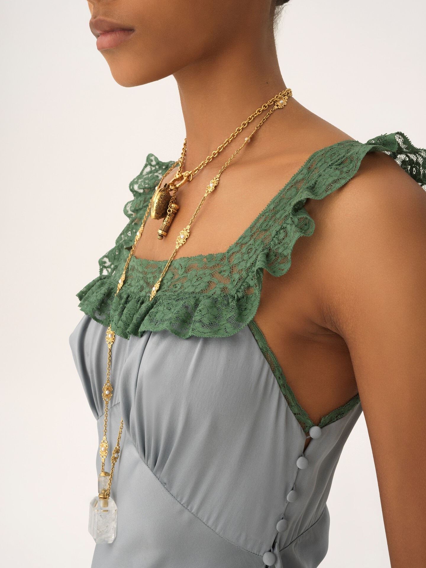 Sleeveless column dress in washed silk satin & lace - 5