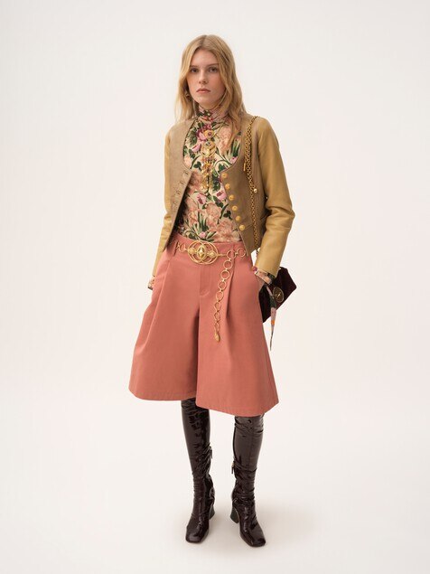 Buttoned mock-neck top in wool jersey