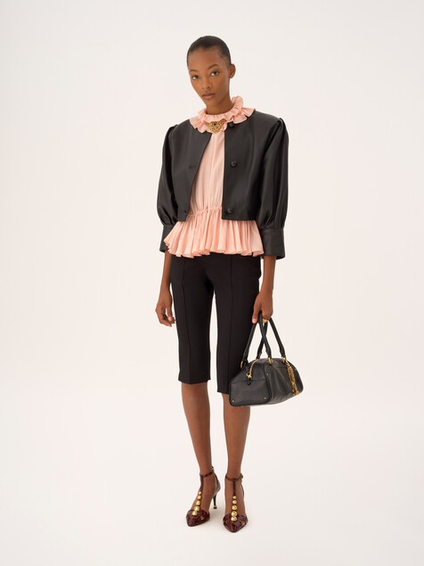Drawstring ruffle top in jacquard silk
