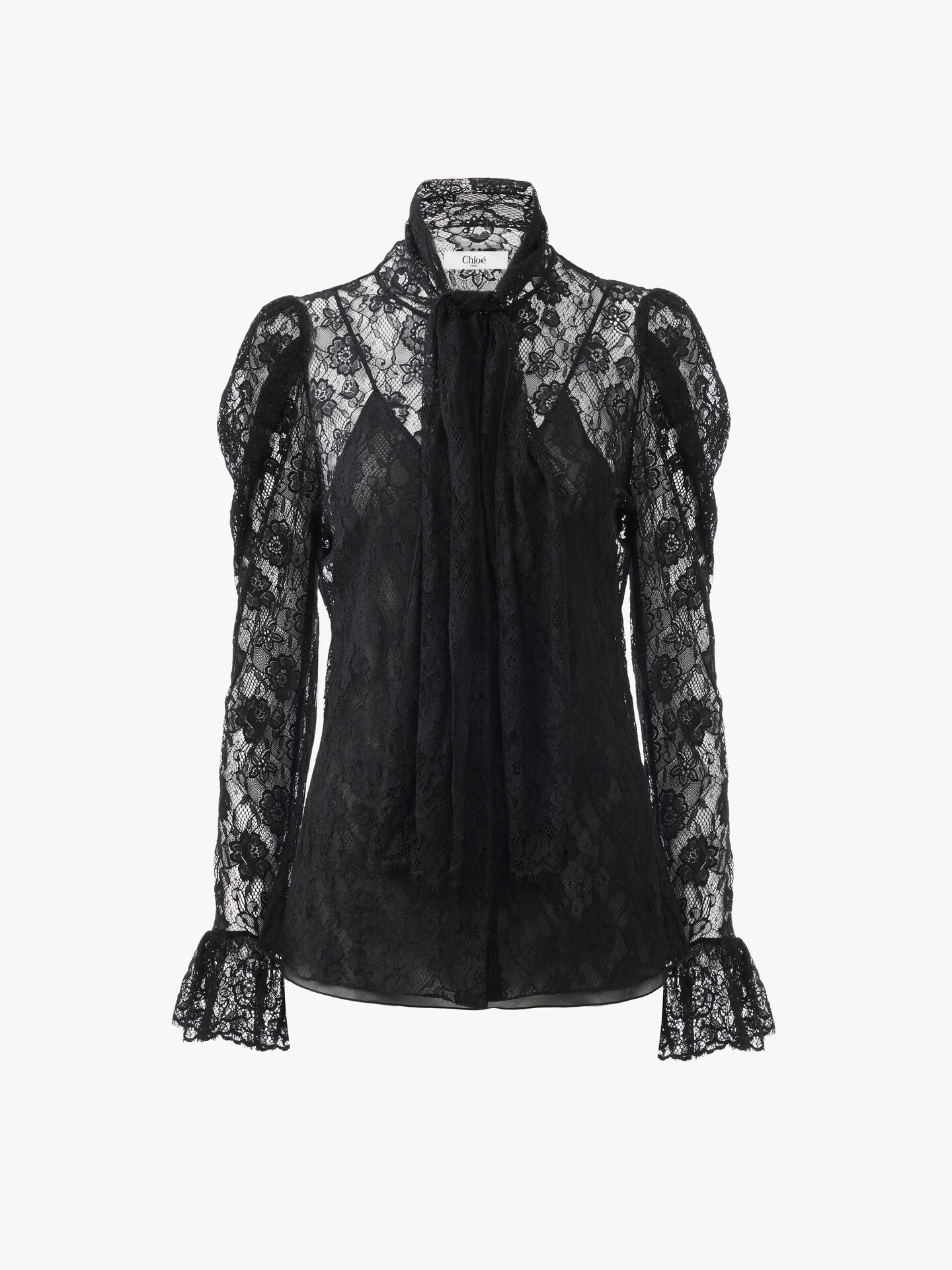 Top lavalli&egrave;re con mangas abullonadas de jacquard de encaje floral - 1