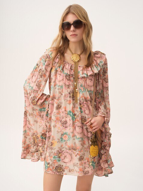 Square-neck ruffled mini dress in cr&ecirc;pe de chine