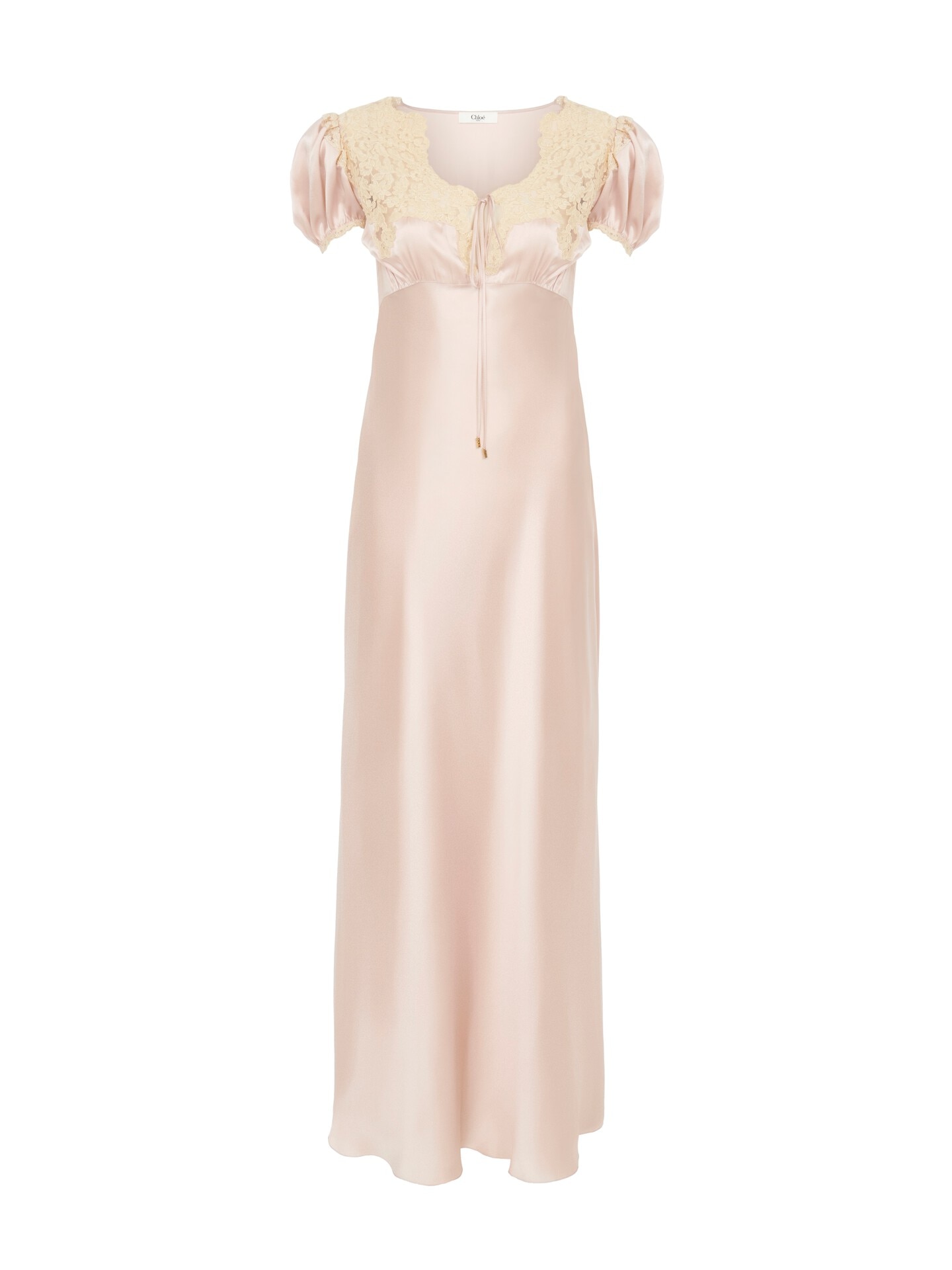 Puff-sleeve column dress in washed silk satin & lace Pink - Chloé