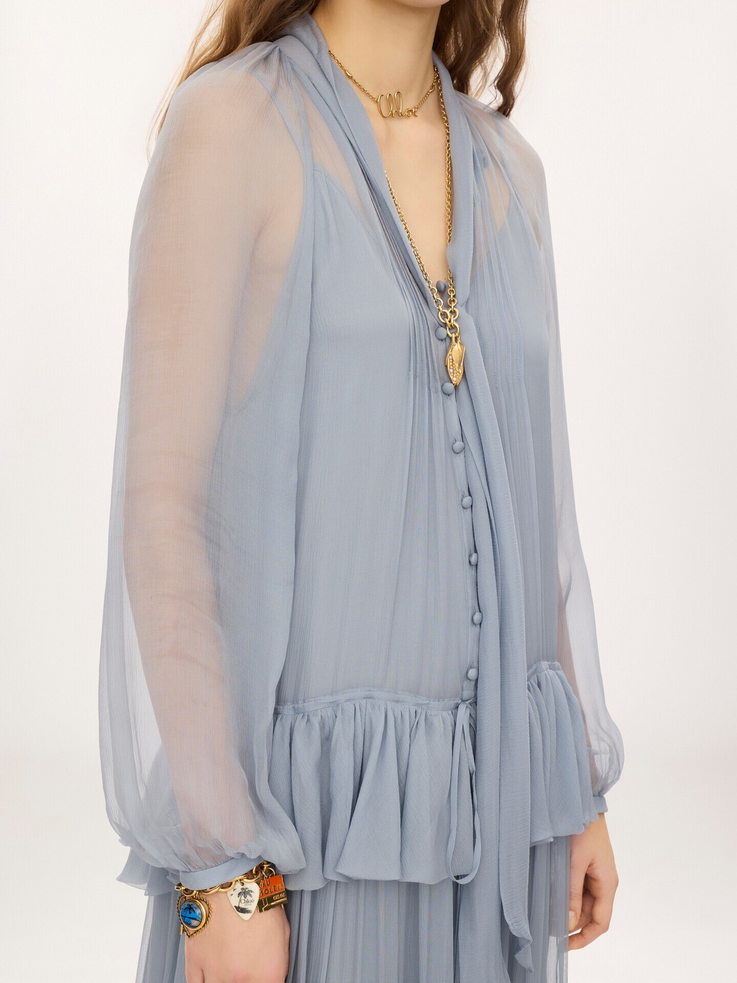 Fluid long dress in silk mousseline with lavalli&egrave;re tie - 6