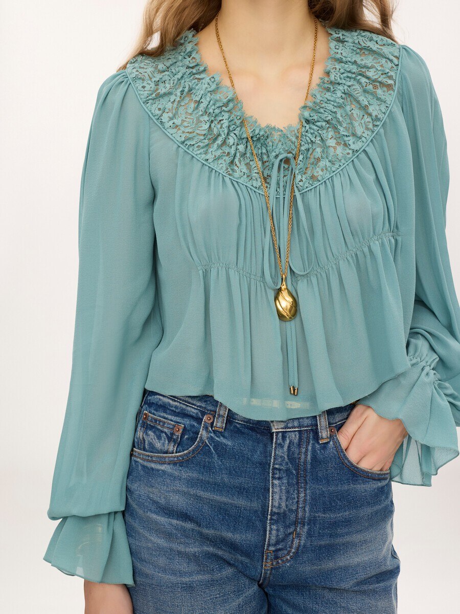 Scoop-neck cropped top in silk georgette & lace - 5