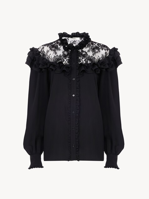High-neck ruffled blouse in cr&ecirc;pe de chine & lace
