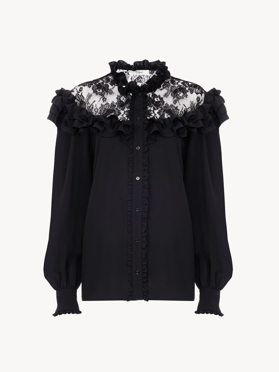 High-neck ruffled blouse in cr&ecirc;pe de chine & lace - 1