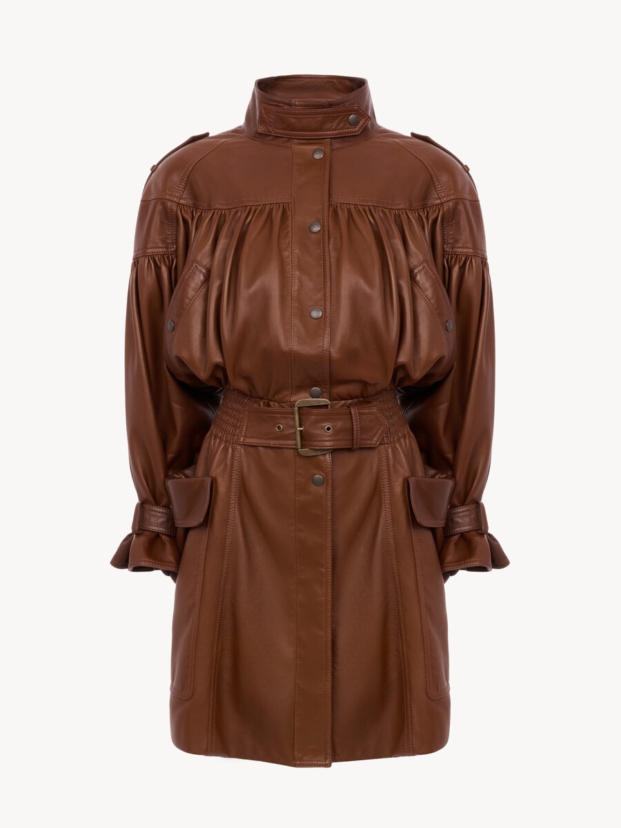 High-neck puff-sleeve coat in leather - 1