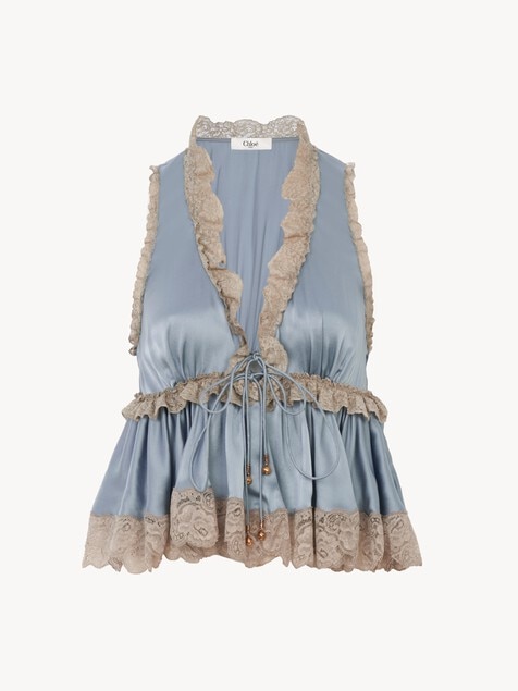 Tie-front sleeveless top in washed silk satin & lace