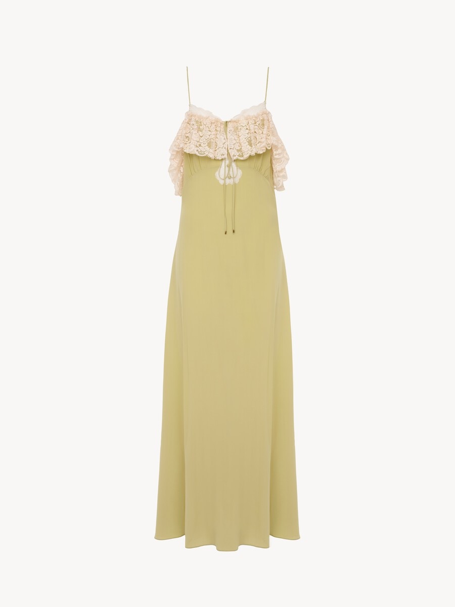 Thin-strap long dress in cr&ecirc;pe de chine & lace - 2