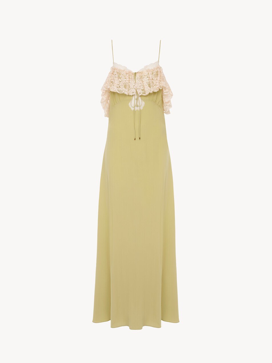Thin-strap long dress in cr&ecirc;pe de chine & lace - Packshot