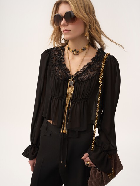 Scoop-neck cropped top in silk georgette & lace