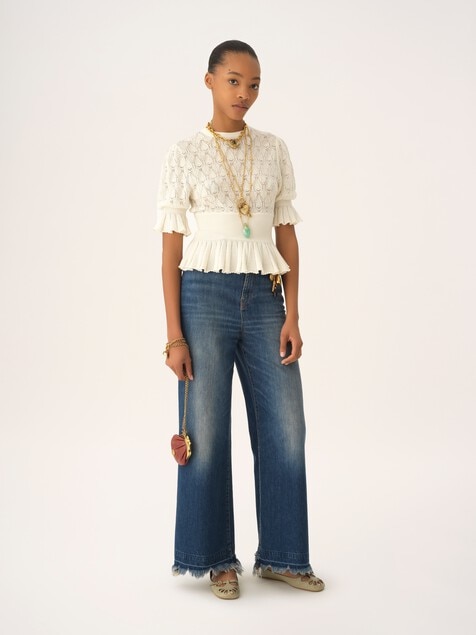 Short-sleeve ruffled sweater in a wool-mix knit