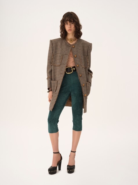 Single-breasted collarless coat in houndstooth wool