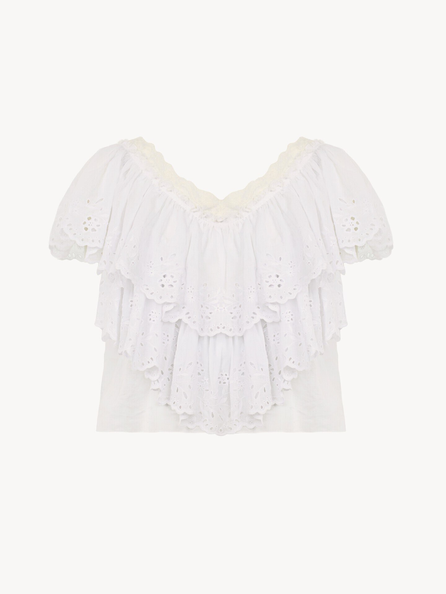 Cropped V-neck ruffle top in cotton voile & lace - 2