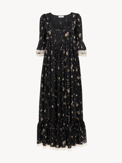 Vestido midi con cuello redondo de seda charmeuse y encaje