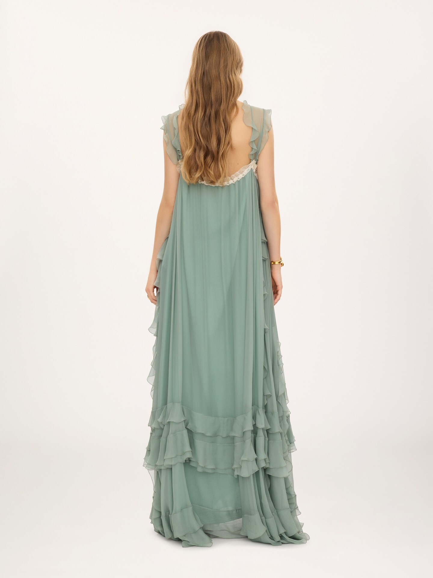 Sleeveless layered long dress in silk mousseline & lace - 5
