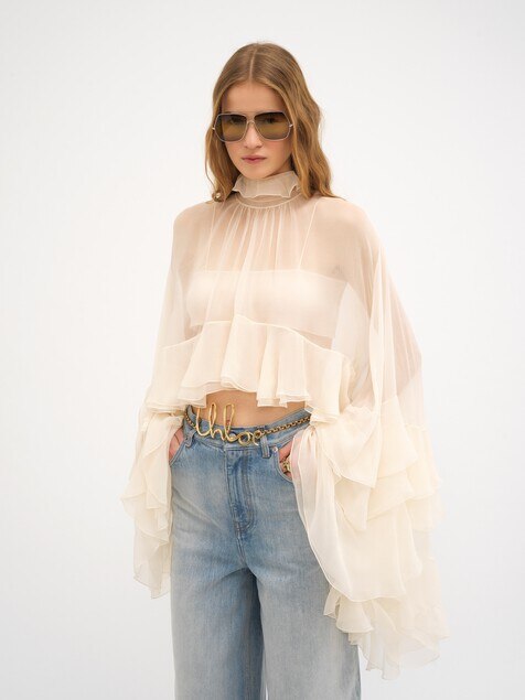 High-low ruffle top in silk mousseline