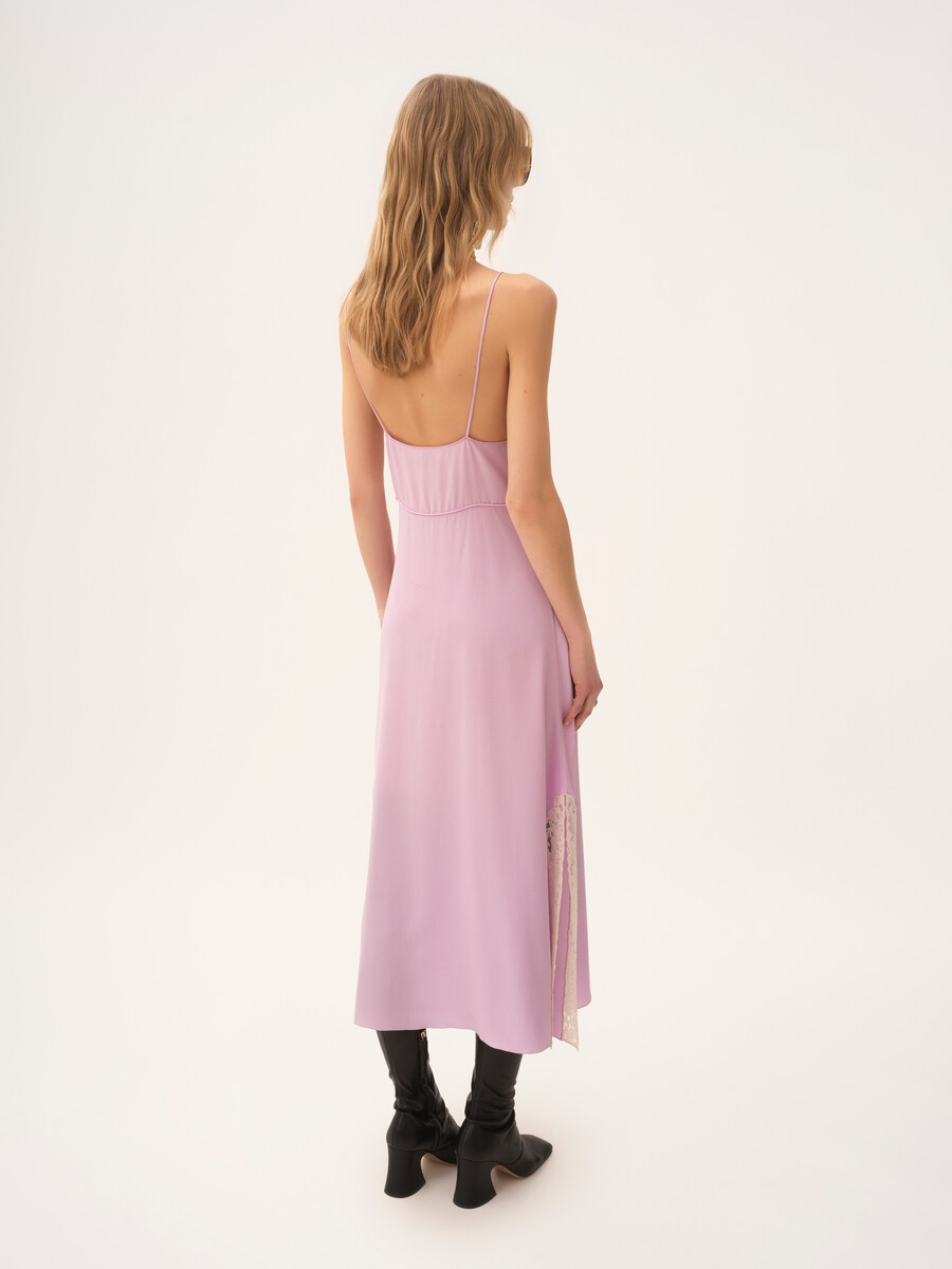 Thin-strap midi dress in cr&ecirc;pe de chine & lace - 4