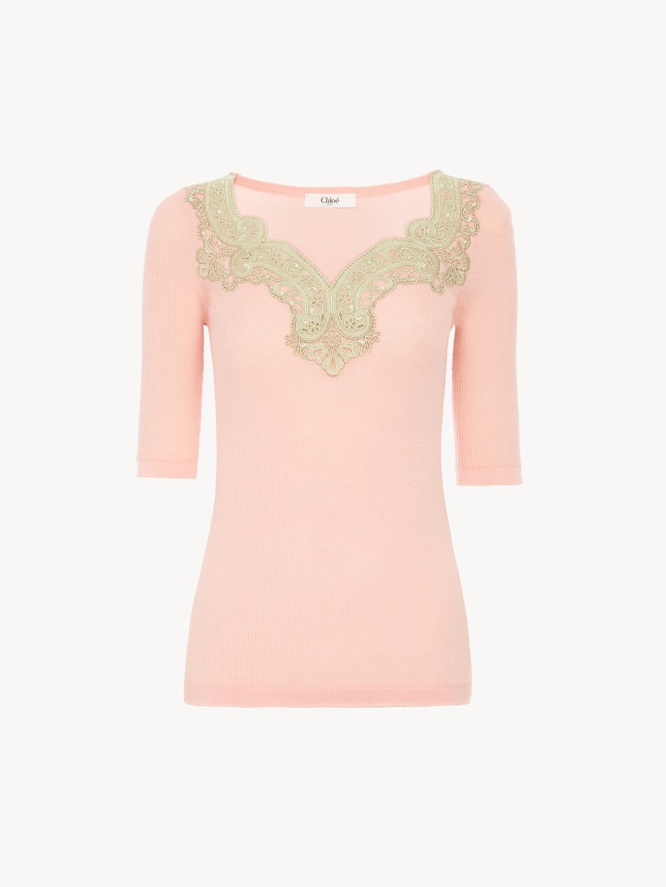 Jersey de manga al codo ajustado de punto de lana y encaje
