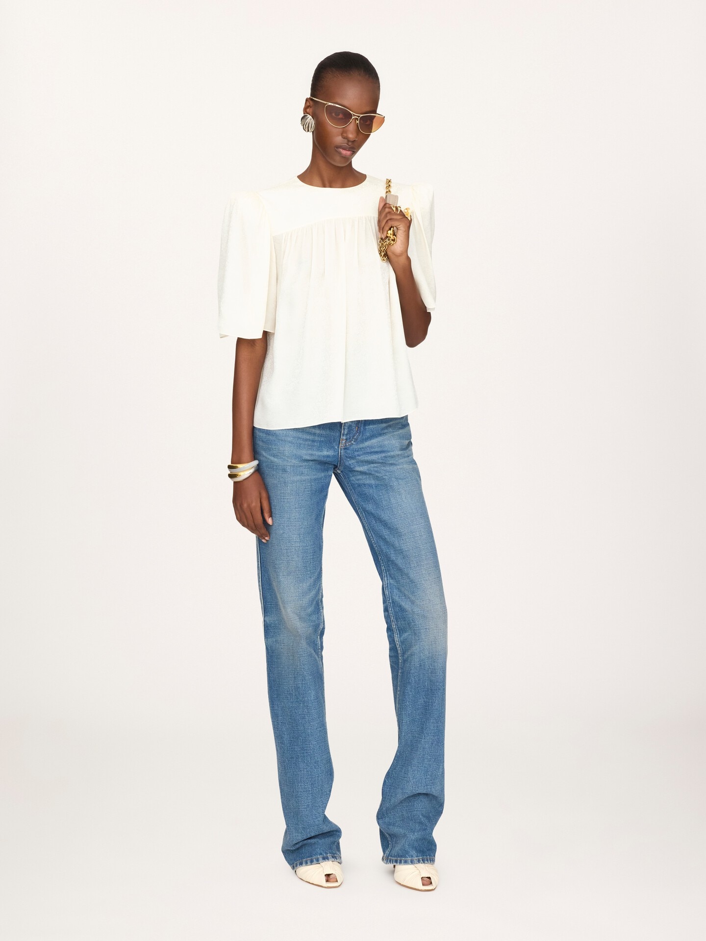 Crew-neck gathered top in silk jacquard - 1.0