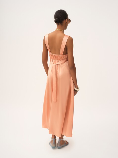 Sleeveless ruched long dress in silk satin