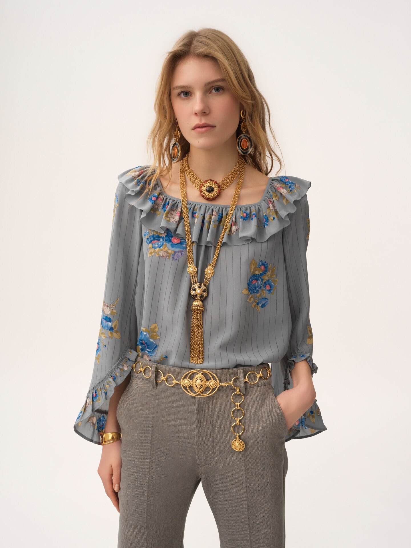 Square-neck ruffle top in cr&ecirc;pe de chine - 4