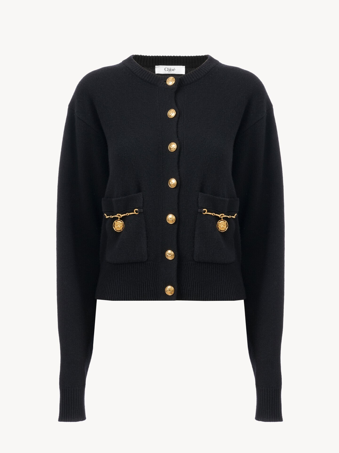 Cardigan en maille de laine m&eacute;rinos et cachemire &agrave; m&eacute;daillons cheval - 1