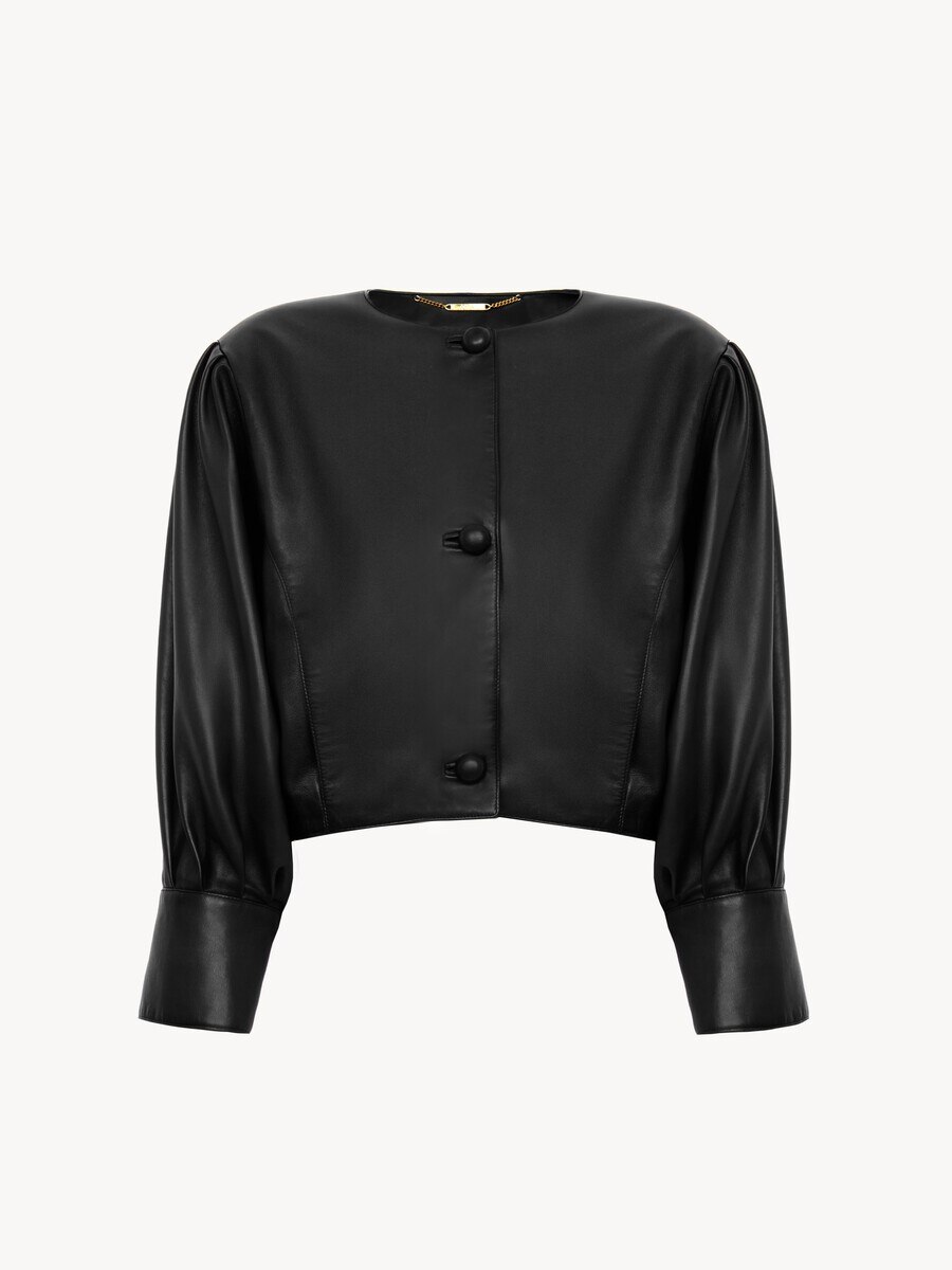 Chaqueta cropped sin cuello de cuero - 2