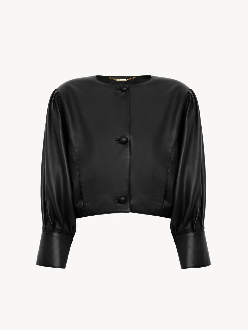 Chaqueta cropped sin cuello de cuero
