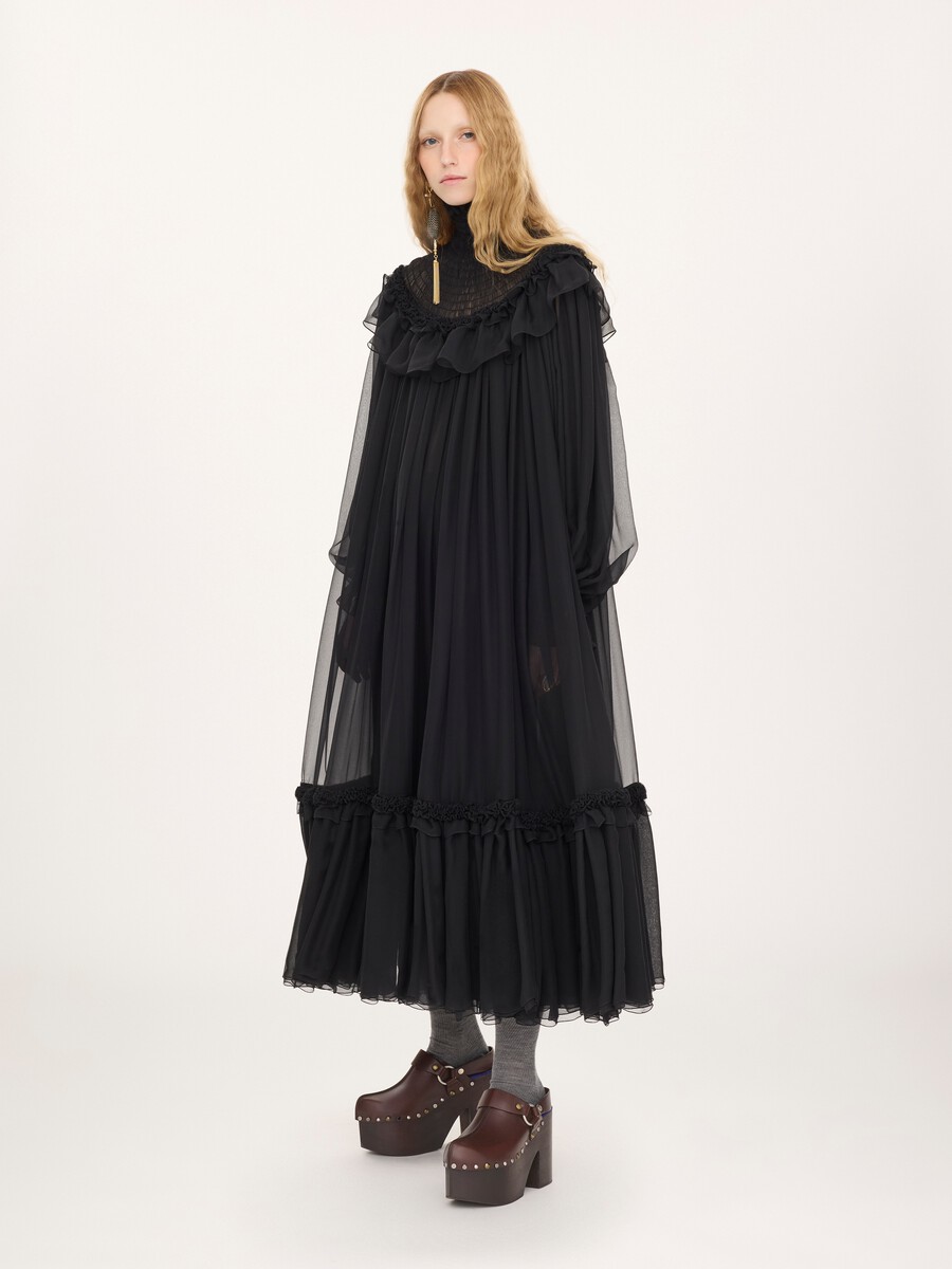 High-neck ruffled midi dress in silk mousseline - 3