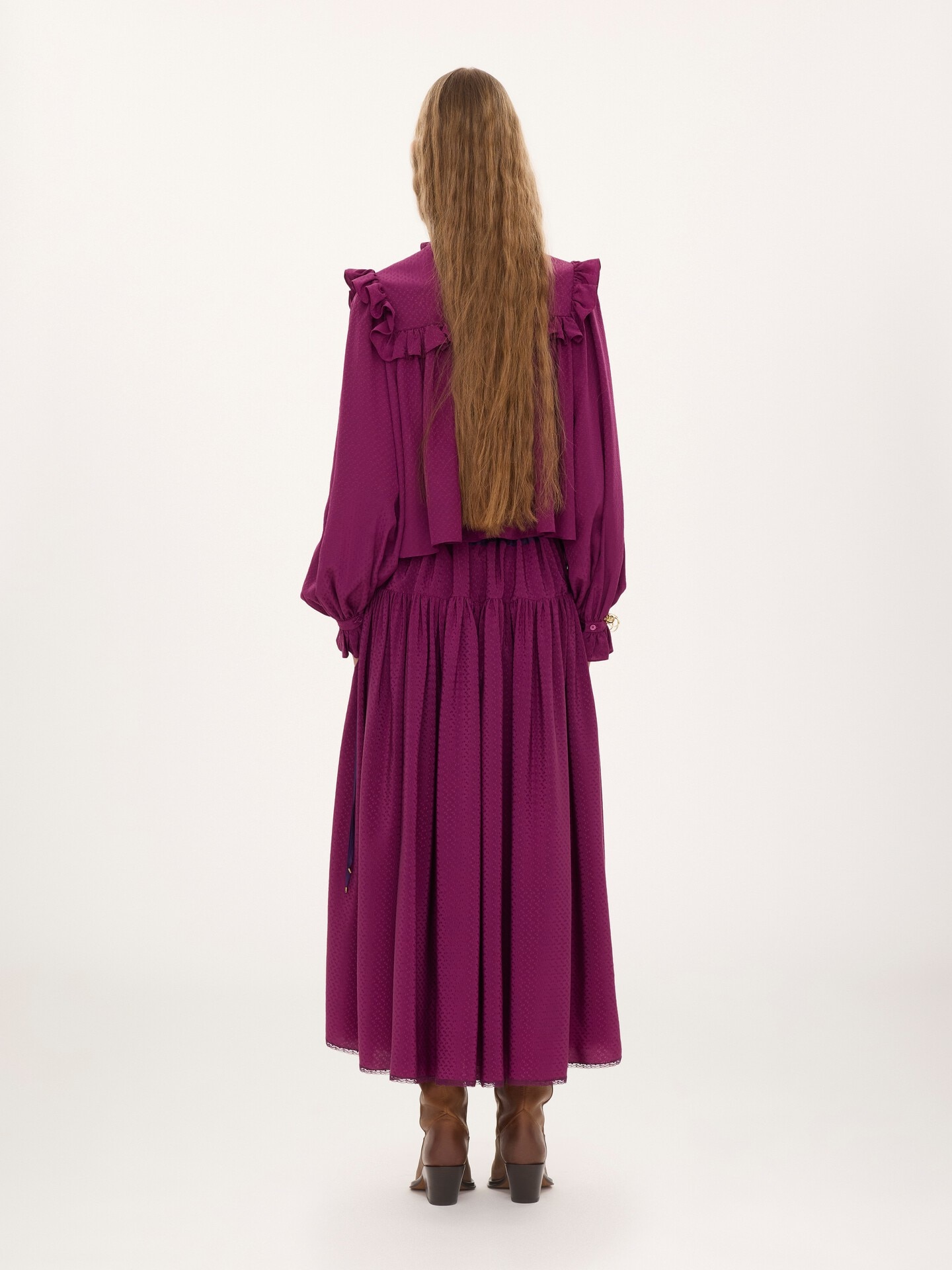 Gathered long skirt in silk jacquard & lace - 4.0