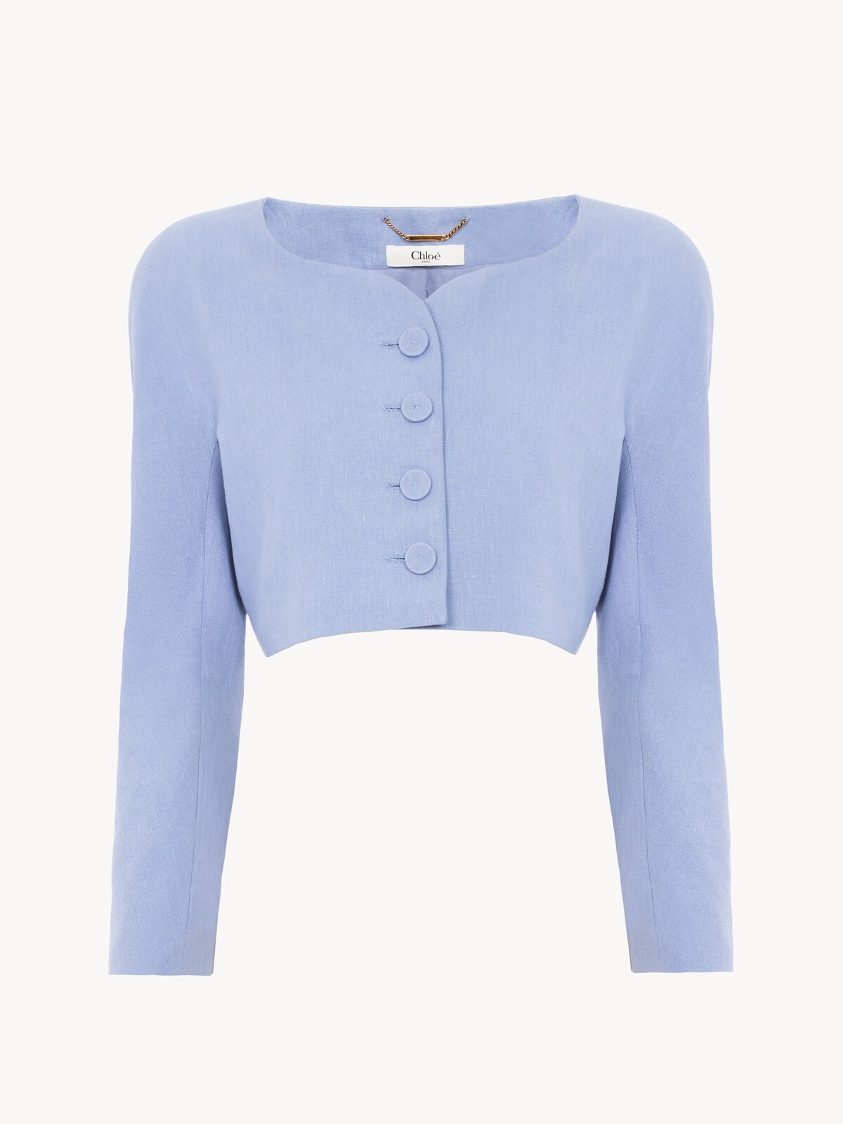 Cropped collarless jacket in linen crêpe