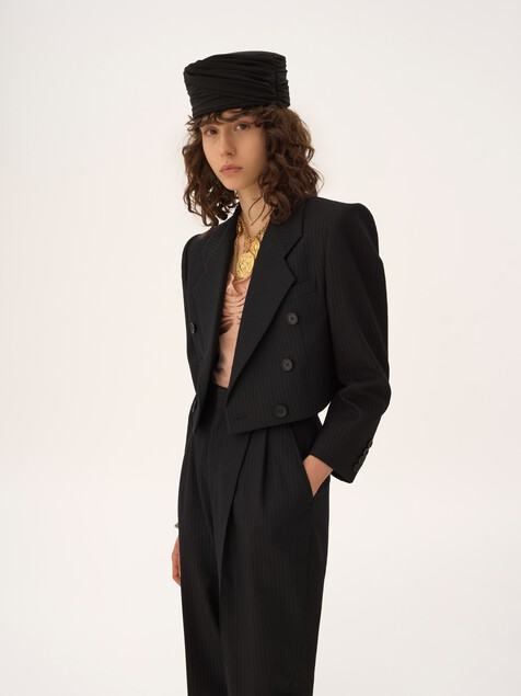 Double-breasted cropped Spencer jacket in striped wool