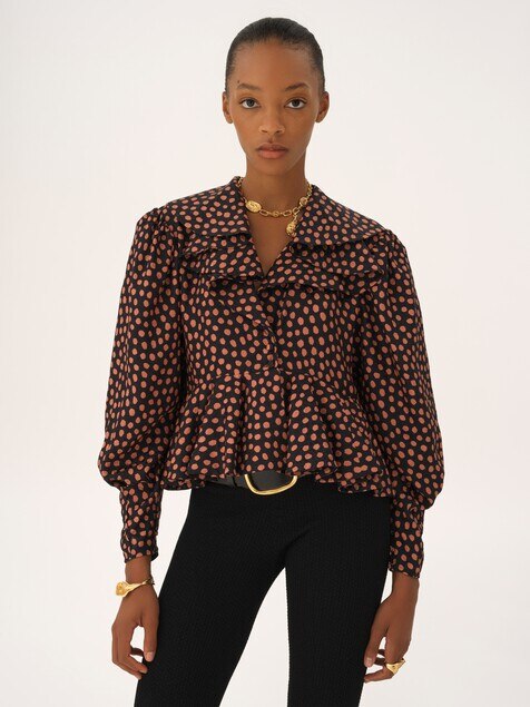 V-neck ruffle top in silk jacquard