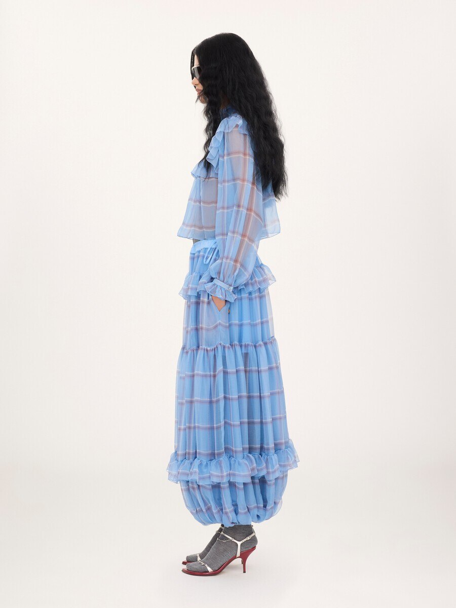 Fluid pleated trousers in check silk mousseline - 7