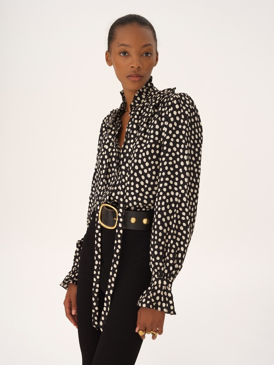 Tie-front ruffled blouse in silk jacquard