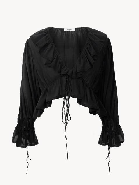 Cropped V-neck ruffle top in silk georgette & lace