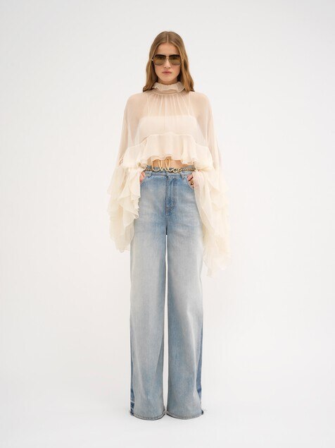 High-low ruffle top in silk mousseline