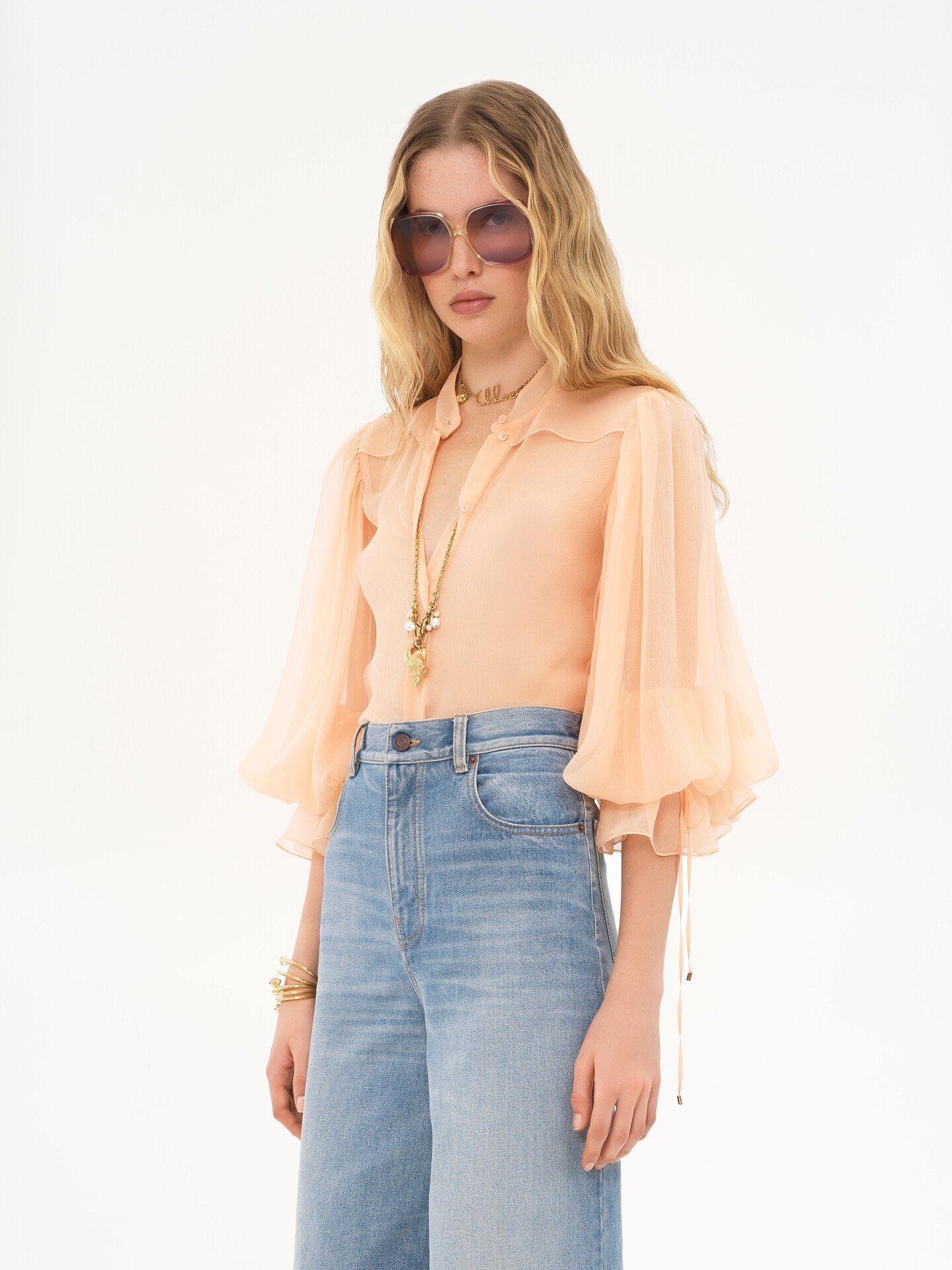 Blusa de manga abullonada de muselina de seda - 4