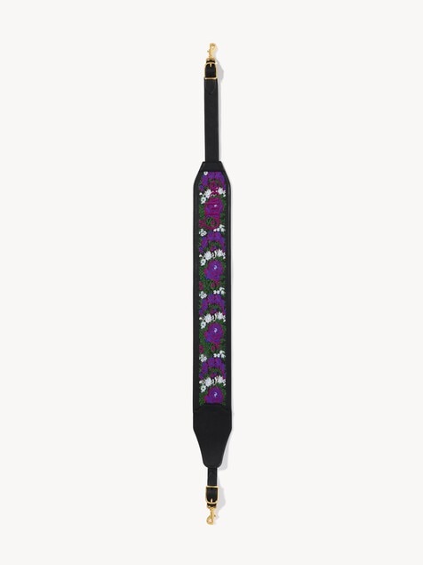Grained leather strap with roses embroidery