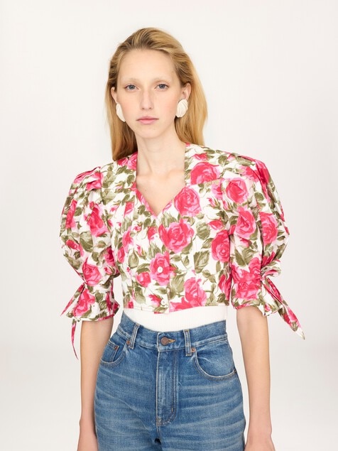 Puff-sleeve cropped top in cotton poplin